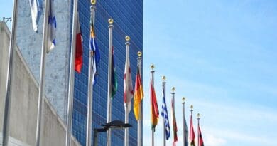Flags in front of United Nations building in New York City