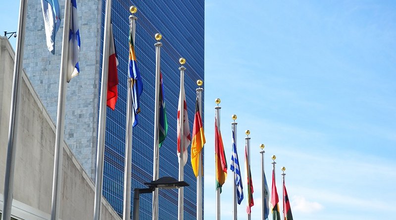 Flags in front of United Nations building in New York City