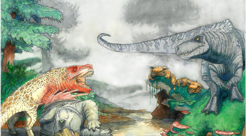 Artist's reconstruction of two rauisuchians fighting over a desiccated corpse of a mammal-relative in the Triassic of southern Africa. In the background, dinosaurs and mammal-like reptiles form other parts of the ecosystem. Credit Viktor Radermacher, owns copyright