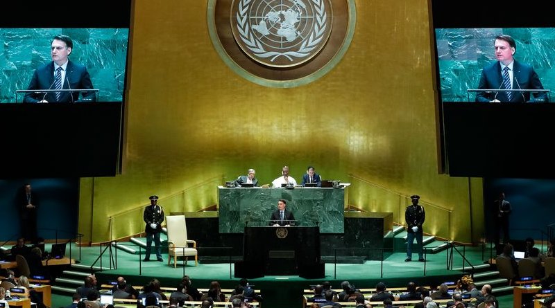 Brazilian President Jair Bolsonaro speaking at UN. Photo Credit: Alan Santos/PR, Agencia Brasil