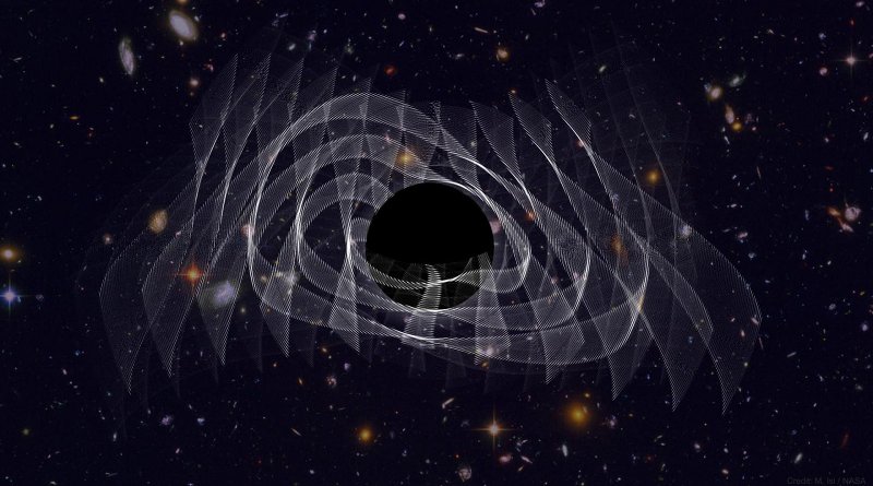 An illustration of a supersized black hole resulting from the merger of two smaller black holes. The collision has caused the black hole to ring and radiate gravitational waves (white). Credit Maximiliano Isi/MIT