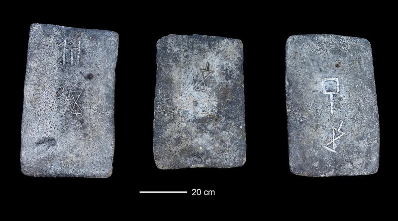 Some of the studied tin ingots from the sea off the coast of Israel (approx. 1300-1200 BCE). Credit Photo: Ehud Galili