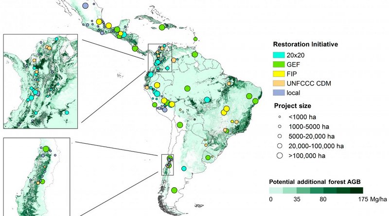 The map shows the location of 154 land restoration projects in Latin America and the Caribbean that were part of this study. Credit Erika Romijn et al.
