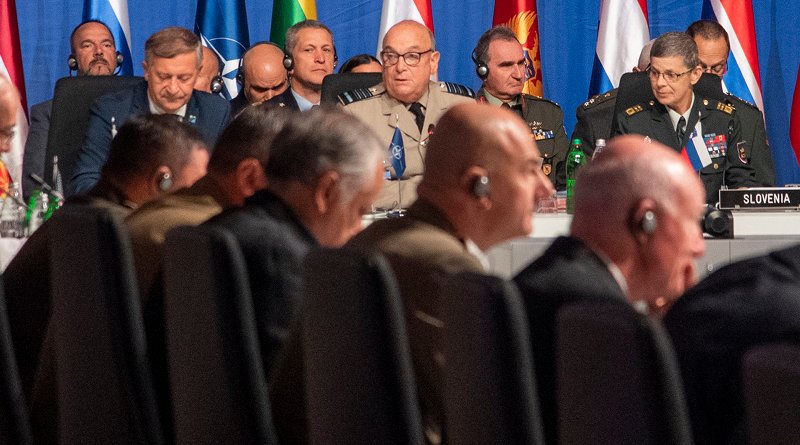 British Royal Air Force Air Chief Marshal Stuart Peach, chairman of the NATO Military Committee, delivers remarks at the committee conference in Ljubljana, Slovenia. Photo By: Navy Petty Officer 1st Class Dominique A. Pineiro, DOD