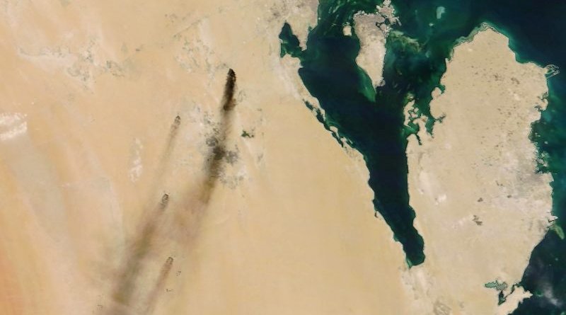 A handout photo made available by NASA shows a satellite image of smoke from fires at two major oil installations in eastern Saudi Arabia, 14 September 2019. Photo Credit: NASA