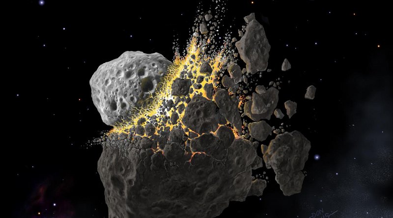 This is an illustration of the giant asteroid collision in outer space that produced the dust that led to an ice age on Earth. Credit (c) Don Davis, Southwest Research Institute
