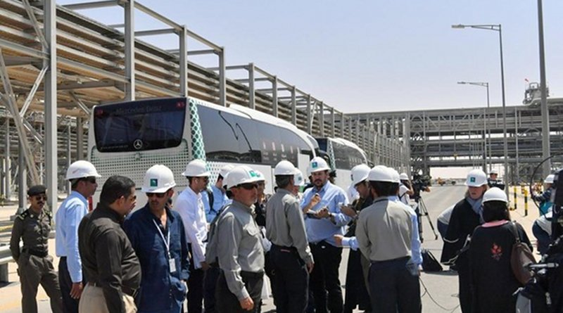 Journalists from local and international media organizations on Friday inspected Aramco oil facilities in Khurais and Abqaiq that were hit by attacks on Sept. 14. (SPA)