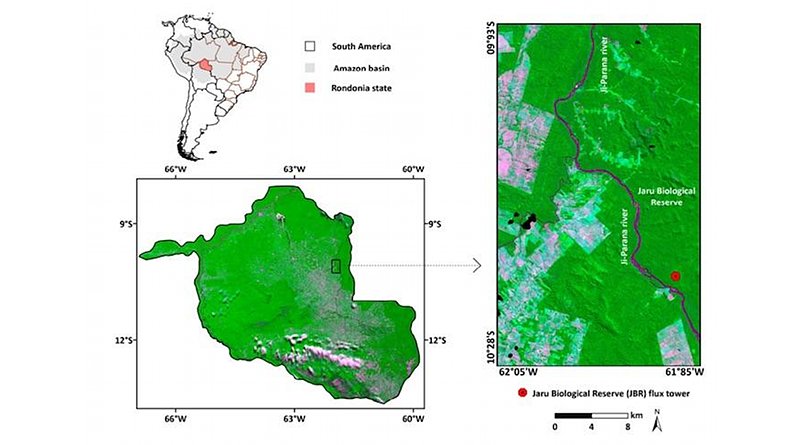 This map shows the study area and location of the flux tower used in this study. Credit de Oliveira et al