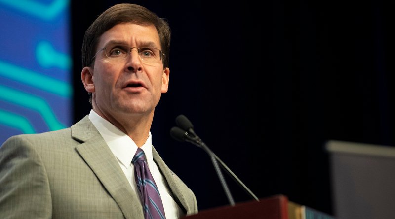 Defense Secretary Dr. Mark T. Esper speaks on cybersecurity and infrastructure at the National Cybersecurity Summit. Photo Credit: Lisa Ferdinando, DOD