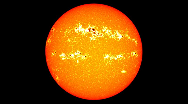 Sunspots can be seen on this image of solar radiation. Each sunspot lasts a few days to a few months, and the total number peaks every 11 years. The darker spots accompany bright white blotches, called faculae, which increase overall solar radiation. Credit NASA/Goddard/SORCE