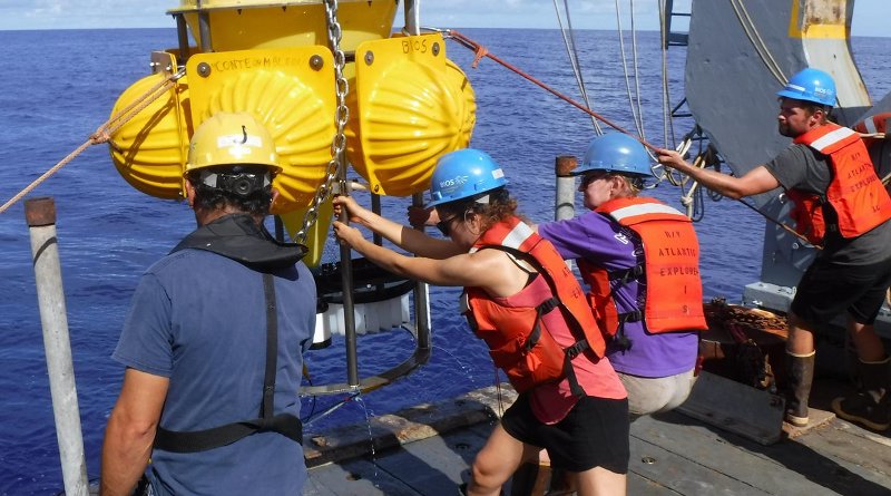 At center, scientists Rut Pedrosa Pàmies (of MBL) and Maureen Conte (of MBL and BIOS) and crew of the R/V Atlantic Explorer recover a deep ocean sediment trap on the Oceanic Flux Program mooring in the Sargasso Sea. Credit J.C. Weber
