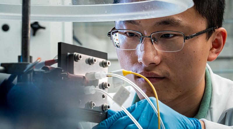 Rice University engineer Haotian Wang adjusts the electrocatalysis reactor built in his lab to recycle carbon dioxide to produce liquid fuel. The reactor is designed to be an efficient and profitable way to reuse the greenhouse gas and keep it out of the atmosphere. Credit Jeff Fitlow/Rice University