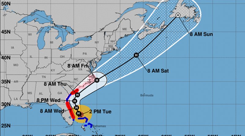 5-day track and intensity forecast cone for Hurricane Dorian. Credit: NOAA, Wikipedia Commons