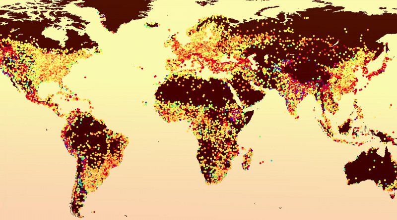 Using summer temperature data from more than 30,000 world cities, researchers developed a new model for urban heat islands that uses population and precipitation as proxies for a complex array of factors involving climate, environment and urban engineering. On the map shown here, cities are marked by colored dots that correspond to the intensity of their urban heat island effect -- red and orange dots indicate cities that are considerably hotter than surrounding areas. Credit Image by Gabriele Manoli. Illustration by Beatrice Trinidad