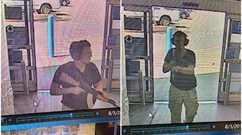 Surveillance camera screenshots showing the gunman at the Walmart entrance in El Paso, Texas. Credit: Wikipedia Commons.