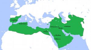 הח'ליפות האומיית בהיקפה הגדול ביותר בשנת 750 לספירה. קרדיט: Wikipedia Commons