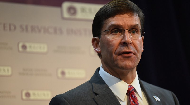 Defense Secretary Dr. Mark T. Esper takes part in a discussion at the Royal United Services Institute in London, Sept. 6, 2019.