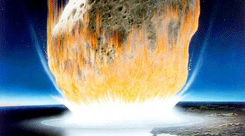 This is an artist's interpretation of the asteroid impact. The asteroid in the artwork appears much larger than the six-mile rock that scientists hypothesize actually struck the Earth 66 million years ago. Nevertheless, the image nicely illuminates the heat generated as the asteroid rapidly compresses upon impact and the vacuum in its wake. Credit NASA/Don Davis