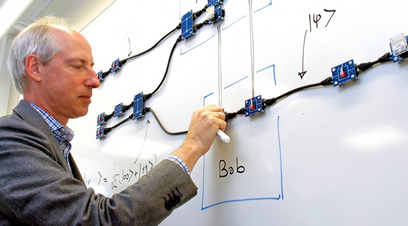 Professor Jan-Åke Larsson whith some of the gates that are similar to those used in quantum computers. The toolkit simulates how a quantum computer works.Photo credit Karl Öfverström