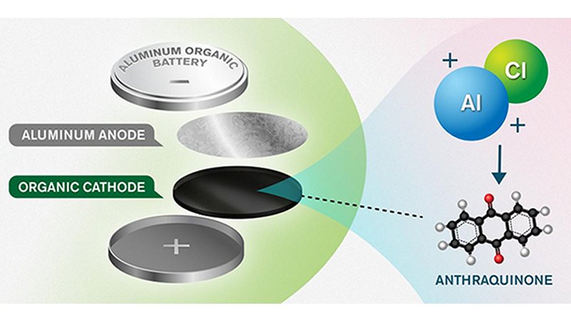 The new concept consists of an anode and cathode made of aluminium and an anthraquinone-based organic material, respectively. The organic cathode material enables efficient storage of the positive charge carriers from an aluminium and chlorine-based electrolyte - the solution in which ions can move between the electrodes. Credit Yen Strandqvist/Chalmers University of Technology