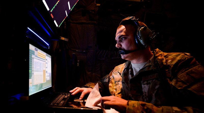 EC-130J Commando Solo systems operator monitors broadcast during mission in support of Operation Inherent Resolve at undisclosed location in Southwest Asia, September 5, 2017 (U.S. Air Force/Michael Battles)