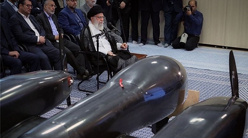 Iran displays a new home-made double-engine drone during visit by Supreme Leader of the Islamic Revolution Ayatollah Seyed Ali Khamenei. Photo Credit: Fars News Agency