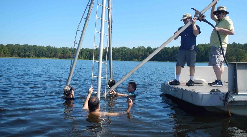 University of South Carolina archaelogist Christopher Moore (second from right) and colleagues collect core samples from White Pond near Elgin, South Carolina, to look for evidence of an impact from an asteroid or comet that may have caused the extinction of large ice-age animals such as sabre-tooth cats and giant sloths and mastodons. Credit University of South Carolina