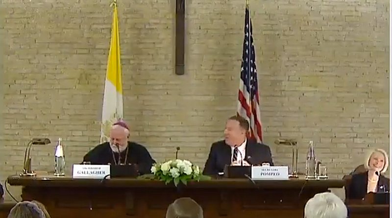 US Secretary Mike Pompeo and Vatican Secretary Archbishop Paul Gallagher at the Vatican symposium Oct. 2, 2019. Credit: US State Department video screenshot