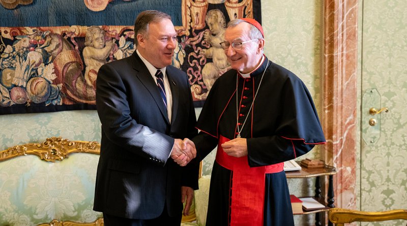 U.S. Secretary of State Michael R. Pompeo shakes hands with Vatican Secretary of State Cardinal Pietro Parolin in Vatican City, on October 2, 2019. [State Department photo by Ron Przysucha/ Public Domain]