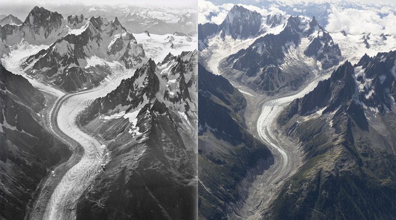 Comparison composition that shows Mer de Glace glacier from 1919 (left) to 2019 (right, in colour) Credit Walter Mittelholzer, ETH-Bibliothek Zürich & Dr Kieran Baxter, University of Dundee