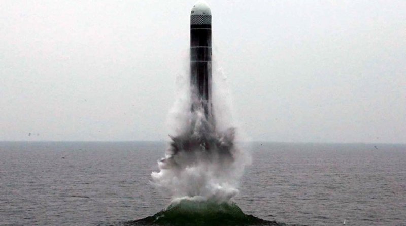 North Korean launch of Pukguksong 3 submarine-launched ballistic missile (SLBM). Photo Credit: North Korea's state-run newspaper Rodong Sinmun