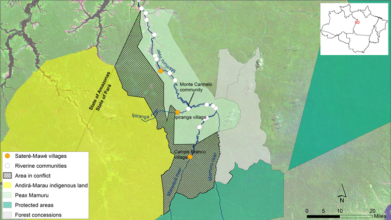 A map showing the boundaries of the Andirá Marau Indigenous Reserve, and the PEAEX Mamuru riverine settlements. Note that the Sateré-Mawé village of Ipiranga, which people say should have originally been included in the indigenous reserve, is located in the contested area where illegal loggers and land grabbers are invading. Image by Matheus Manfredini.