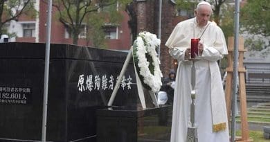 Pope Francis prays at the Nagasaki ground zero site on Nov. 24, 2019. Credit: Vatican Media.