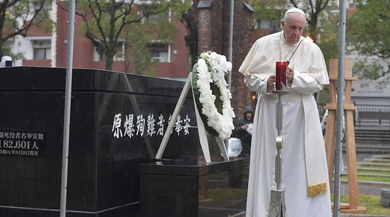 Pope Francis prays at the Nagasaki ground zero site on Nov. 24, 2019. Credit: Vatican Media.