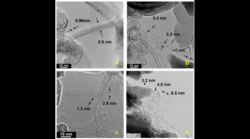 TEM images of raw carbon soot grown on kaolin sized paper showing (a) roped single-walled carbon nanotubes (SWCNTs) helically wrapped by a SWCNT, and large SWCNTs, (b) collapsed, (c) folded, and (d) twisted nanotubes. Scale bar = 10 nm (a-c) and 50 nm (d). CREDIT Rice University