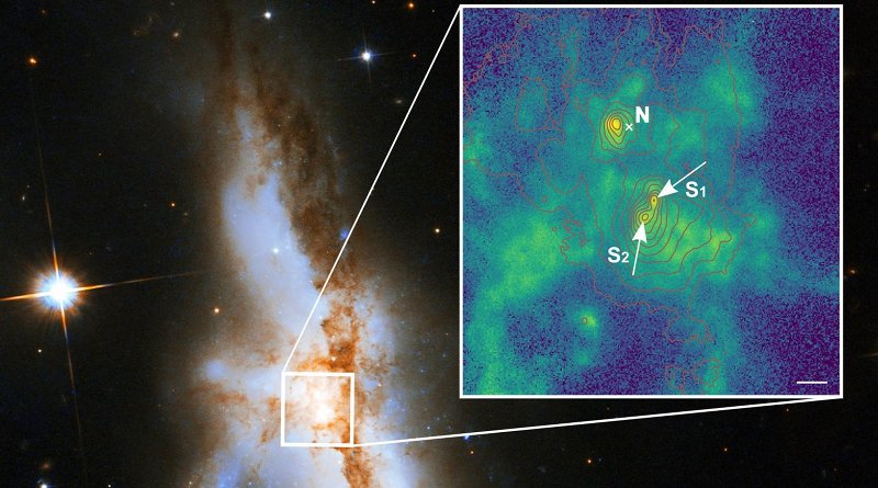 The irregular galaxy NGC 6240. New observations show that it harbours not two but three supermassive black holes at its core. The northern black hole (N) is active and was known before. The zoomed-in new high-spatial resolution image shows that the southern component consists of two supermassive black holes (S1 and S2). The green colour indicates the distribution of gas ionized by radiation surrounding the black holes. The red lines show the contours of the starlight from the galaxy and the length of the white bar corresponds to 1000 light years. CREDIT P Weilbacher (AIP), NASA, ESA, the Hubble Heritage (STScI/AURA)-ESA/Hubble Collaboration, and A Evans (University of Virginia, Charlottesville/NRAO/Stony Brook University)