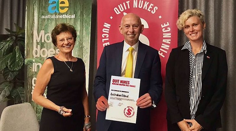 Photo (L-R): Quit Nukes Director Margaret Peril, Australian Ethical Acting CEO Steve Gibbs, ICAN Australia Director Gem Romuld. Source: Quit Nukes.