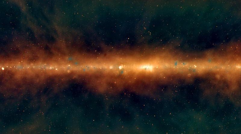 This image shows a new view of the Milky Way from the Murchison Widefield Array, with the lowest frequencies in red, middle frequencies in green, and the highest frequencies in blue. Huge golden filaments indicate enormous magnetic fields, supernova remnants are visible as little spherical bubbles, and regions of massive star formation show up in blue. [The supermassive black hole at the centre of our galaxy is hidden in the bright white region in the centre.] CREDIT Dr Natasha Hurley-Walker (ICRAR/Curtin) and the GLEAM Team