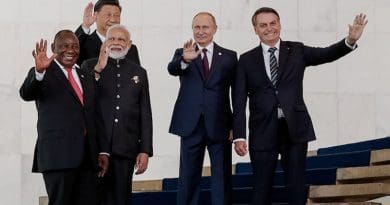 Group photo of leaders (left to right) of South Africa, China, Russia and Brazil at 2019 BRICS summit in Brasilia. CC BY 2.0