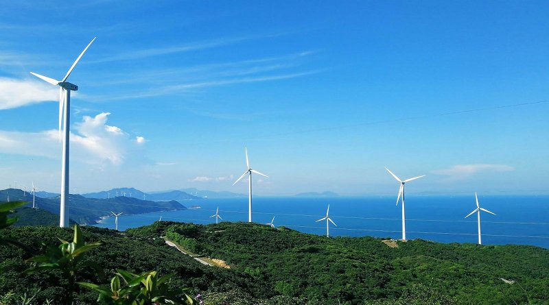 The photo shows wind turbines in Ningbo, an area on China's Pacific coast south of Shanghai. CREDIT Erping Sun