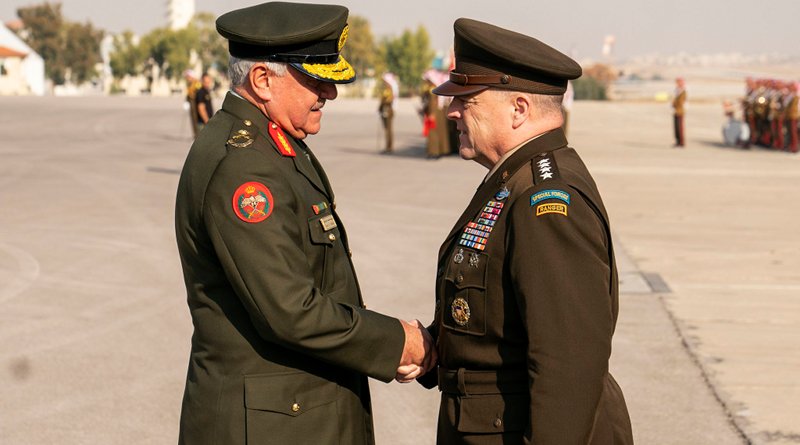 Army Gen. Mark A. Milley, chairman of the Joint Chiefs of Staff, is hosted by his Jordanian counterpart Air Force Lt. Gen. Yousef al-Hunaiti, for an honors arrival ceremony in Amman, Jordan. Photo Credit: Navy Petty Officer 1st Class Dominique A. Pineiro