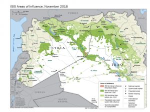 FIGURE 1. Islamic State of Iraq and Syria (ISIS) Areas of Influence as of August 2018. (U.S. Department of State)