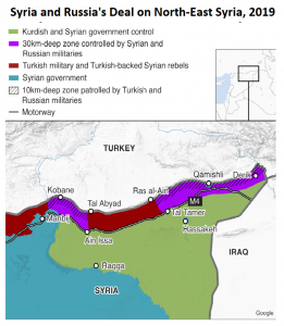 Russia in charge: After US forces withdrew, Syria and Turkey moved to control the border region, displacing Kurds (Source: BBC and Russian Defense Ministry)