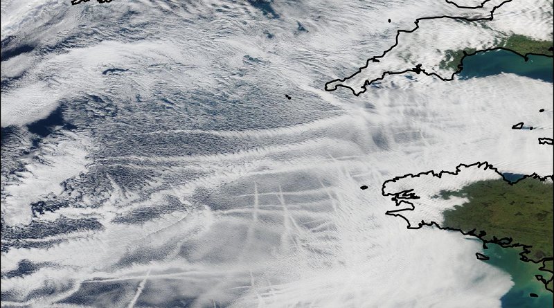 Ship tracks off the coast of Cornwall. Data from NASA CREDIT Edward Gryspeerdt/Imperial College London