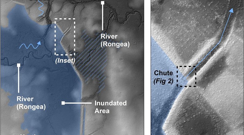 Regional map of Koh Ker showing the location of the chute and key archaeological features. The detailed map area (top right) is shown as a white dashed box on the regional map (left). The black dashed line in the detailed map area shows the approximate area of Fig 2. The location of Koh Ker compared with Angkor, Phnom Penh, and Ho Chi Minh City is shown in the bottom right. North is up in all figures Credit Dr Ian Moffat, Flinders University