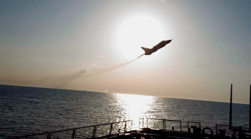 A Russian Sukhoi SU-24 attack aircraft makes a low-altitude pass by the USS Donald Cook. A guided-missile destroyer, the Cook was conducting a routine patrol in the U.S. 6th Fleet area of operations in support of national security interests in Europe. (U.S. Navy) 