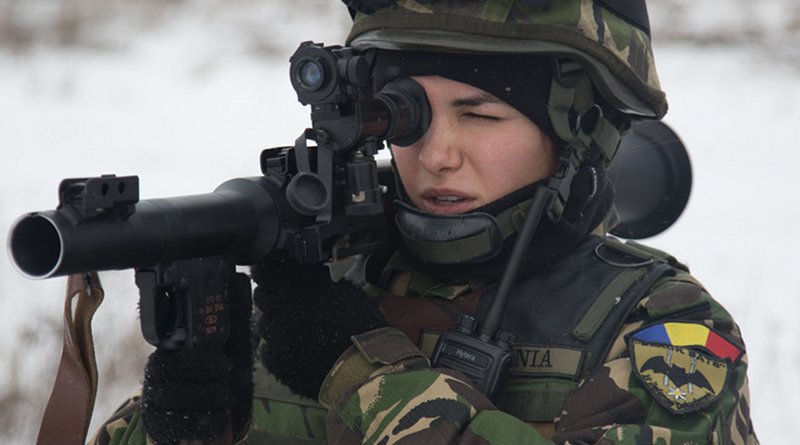 Romanian soldier fires rocket propelled grenade at range near Bemowo Piskie Training Area, Poland, January 24, 2018, as part of multinational battle group comprised of U.S., UK, Croatian, and Romanian soldiers supporting NATO’s Enhanced Forward Presence (U.S. Army/Andrew McNeil)