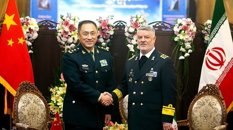 Iran's Rear Admiral Hossein Khanzadi with Deputy Chief of the Joint Staff Department of China's Central Military Commission Major General Shao Yuanming. Photo Credit: Tasnim News Agency