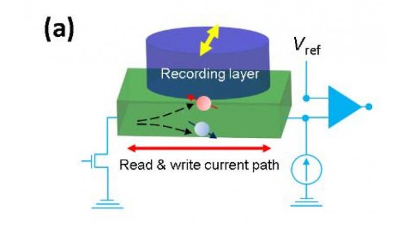 The proposed combination of materials serves as a memory unit by supporting read and write operations. The spin injection by the topological insulator (TI) material reverses the magnetization of the ferromagnetic (FM) material, representing the 'write' operation. Furthermore, the spin injection can also change the overall resistance of the materials, which can be sensed through an external circuit, representing the 'read' operation. CREDIT Journal of Applied Physics