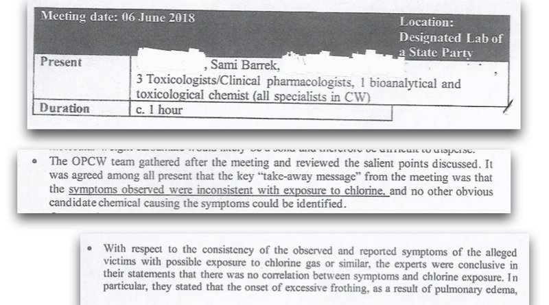 Minutes from an OPCW meeting with toxicologists specialized in chemical weapons: “the experts were conclusive in their statements that there was no correlation between symptoms and chlorine exposure” (Wikileaks/Twitter)